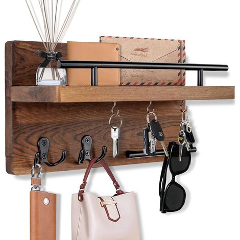 Porte-clés mural décoratif avec 5 crochets à clés, porte-clés mural pour mur avec porte-clés de courrier, organiseur de courrier en bois avec étagère, couloir, bureau (1/5)
