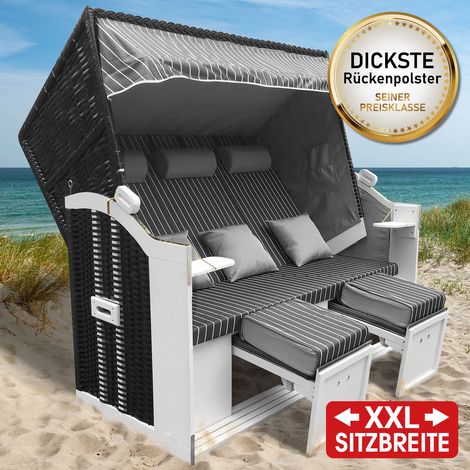 BRAST Strandkorb Usedom 3-Sitzer XXL für 2-3 Personen 165cm breit inkl. wetterfeste Abdeckhaube verstellbare Rückenlehne Fußkissen Anthrazit/Grau - gestreift