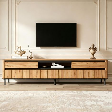 Meuble TV bas 180x40x52cm,banc TV 2 tiroirs et 2 portes abattantes,niches ouvertes,passe-câbles,MDF et métal,effet bois naturel et noir (1/5)