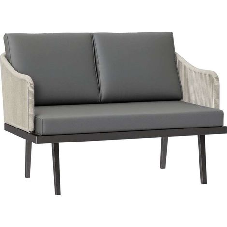 Canapé d'extérieur 2 places en résine tressée avec coussins, cadre en acier gris foncé, dimensions 110 x 70 x 72 cm