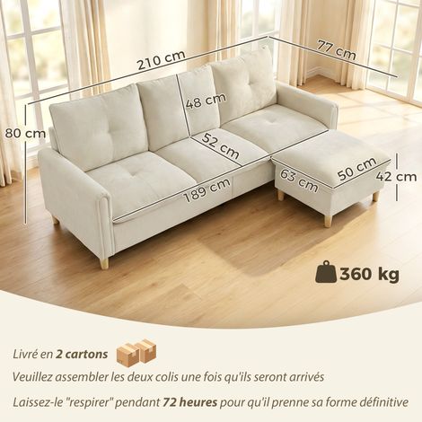 Canapé 3 places avec pouf de rangement, canapé d'angle modulable 210 cm, assise large, tissu aspect lin, crème (1/5)