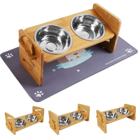 Bol pour chat, double bol, bol d'alimentation, bois de bambou, convient aux chiens et chats de petite et moyenne taille, quatre hauteur réglable, bol en acier inoxydable et tapis antidérapant (1/5)