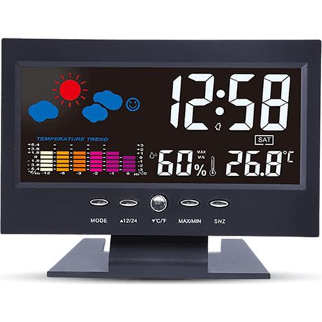 Multifunktionswecker mit LCD-Bildschirm, der Uhrzeit, Datum, Temperatur, Luftfeuchtigkeit und Wetter anzeigt.