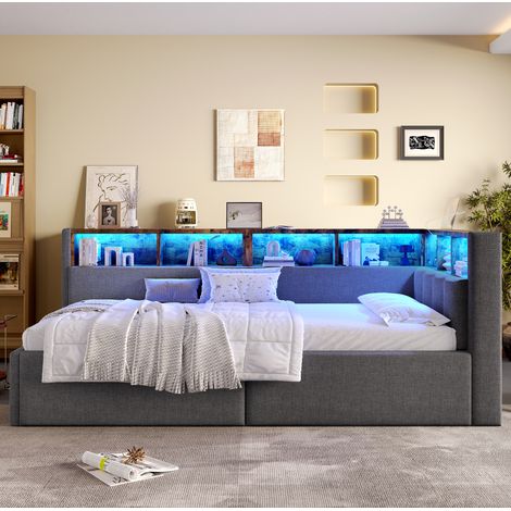 Bett Daybed modern aus Leinen Grau 90x200 cm mit Stauraum-Kopfteil, LED, USB/Type-C und hydraulischem Bettkasten (1/5)