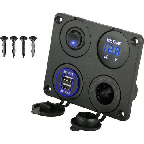 Pannello prese di ricarica 4 in 1, presa di ricarica USB doppia da 12 V 4,2 A e voltmetro a LED - Blu (10,5-8,7 cm)