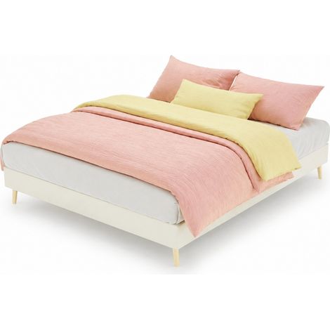 CHICFURN Lit double en velours hollandais beige avec tete de lit haute 140 x 200 (1/5)