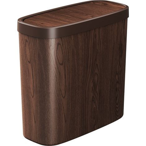Poubelle étroite imitation bois 10cm à pression hermétique anti-odeur 15cm largeur ovale en PP Poubelle petite capacité étanche pour salle de bain, toilettes, salon, cuisine et bureau, design vintage (1/5)