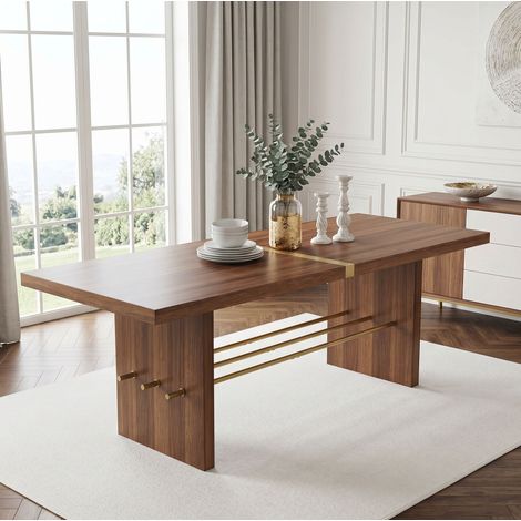 Mesa de comedor de 180x75 cm para 6 a 8 personas, tablero de 4 cm de grosor, estructura estable, acabado en MDF color nogal y dorado (1/5)