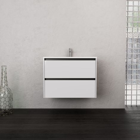 Inda - Badezimmerschrank 2 Schubladen B.80 mit mattiertem Waschbecken / Hochglanzweiß - Smeraldo