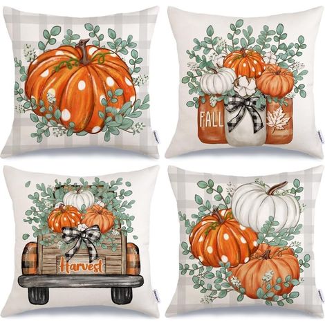 Funda de almohada otoñal con diseño de calabaza y árbol de eucalipto, 45 x 45 cm, juego de 4, cojín decorativo, funda para cojín de sofá (1/4)