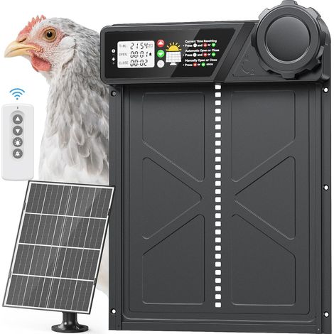 Grande porte automatique solaire pour poulailler avec panneau 7 W
Minuteur, télécommande (portée 15 m), écran LCD, système anti-pincement – pour poules et canards