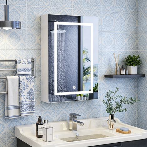 JOOKGBD-Armadio da Toilette con Specchio LED Antiappannamento,anta singola,ripiano regolabile,controllo tattile,luminosità regolabile,colore regolabile,bianco,50x15x70cm