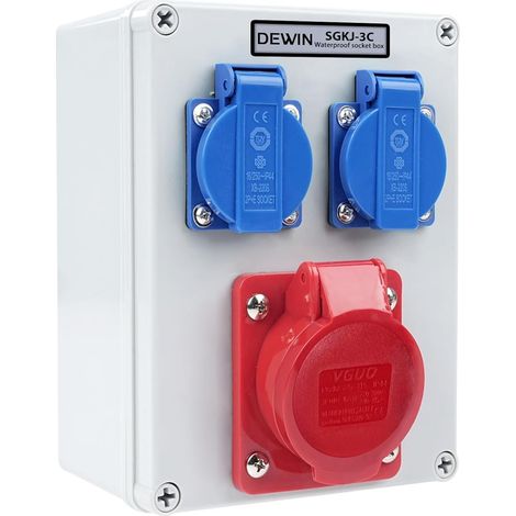 Coffret Electrique Etanche Exterieur, IP67 Prise Exterieure Etanche avec 2× Prises Schuko 220V 16A et Prise CEE 5P (3P+N+T) 16A, Boîtier de Prise électrique Mural pour Usage Extérieur et Intérieur (1/5)