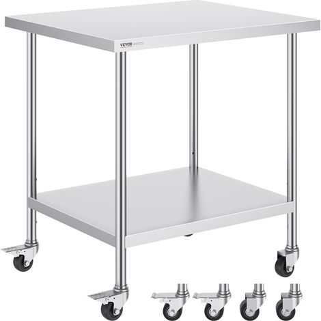 VEVOR Tavolo da Lavoro in Acciaio Inossidabile 762 x 457 x 954,6 mm Tavolo da Lavoro per Preparazione Alimenti Resistente con 4 Ruote, 3 Livelli di Altezza Regolabili, per Ristoranti Cucina, Argento