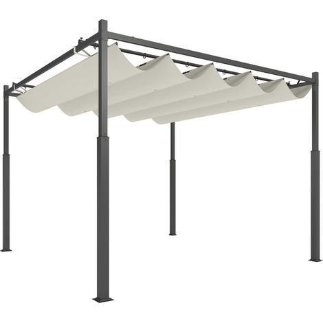 Pergola de jardin 3×3m, toit escamotable avec fixation magnétique, abri extérieur protection UPF30+, structure métallique, couleur blanc crème