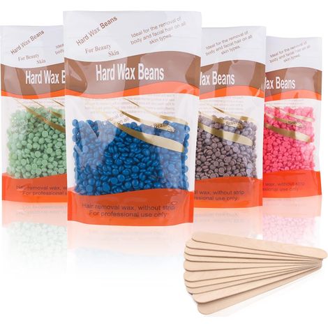 Perles de Cire, Perles de Cire Dure pour l'épilation 400g avec 10 Bâtons en Bois - Maillot Brésilien Visage Jambes Sourcils Indolore Cadeaux pour Femmes et Hommes (1/5)
