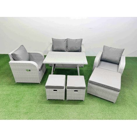 Fimous Light Grey PE Wicker Rattan Garden Furniture Set Sofa Set Reclining Chair Love Sofa Rectangular Dining Table 3 Stools (1/4)