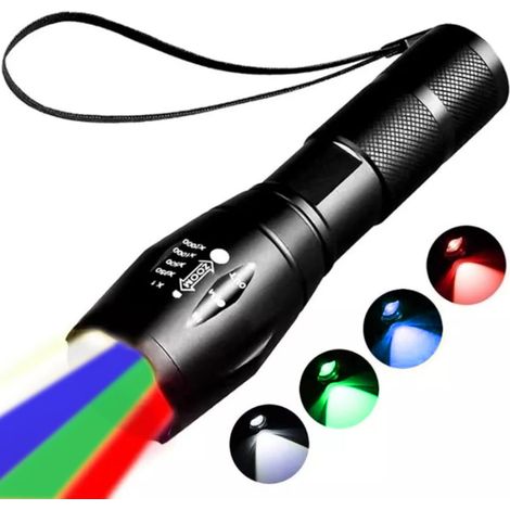 4 en 1 Lampe de poche LED Rechargeable rouge, verte, bleue et blanche Lampe de poche lumineuse Zoomable étanche multicolore 4 modes Photo Recharge lumière pour la pêche, le camping, la randonné
