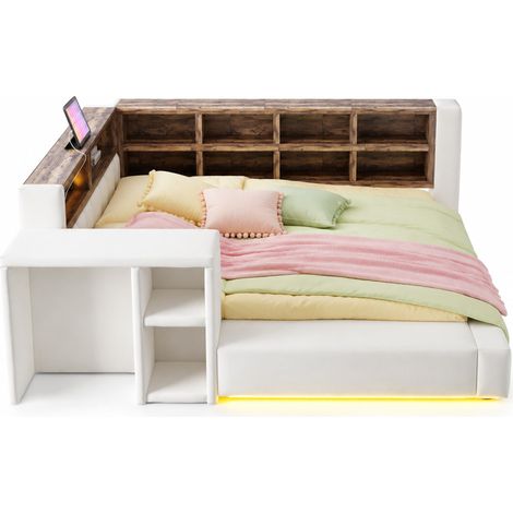 Lit capitonné 90 x 200 cm avec rangements à plusieurs niveaux, LED, prises intégrées et tablette d’appoint, beige, pour chambre moderne – CHICFURN (1/5)