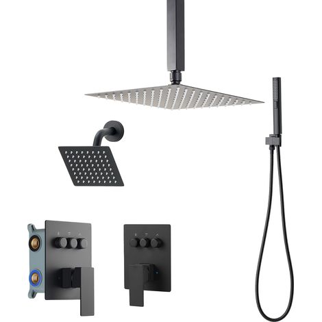 Mophorn Sistema de ducha con cabezal de lluvia de 25,4 cm, brazo de pared de 15,24 cm, cabezal doble giratorio con 3 funciones, válvula de latón y kit decorativo, acabado en negro mate