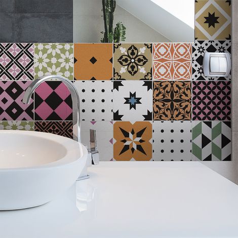 Sticker Mural Carrelage adhésif Cuisine Salle de Bain - 24 STICKERS CARREAUX DE CIMENT AZULEJOS VINCINDA - 24stickers10x10cm (1/5)