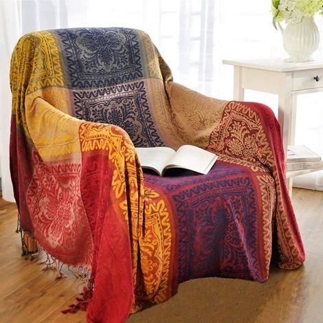 Couverture jetée en chenille jacquard à pompons pour canapé, fauteuil ou table - Motif tribal coloré (152 cm x 190 cm) (1/5)