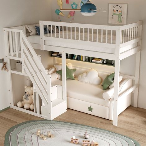 Hochbett 90x200 mit Treppe und Stauraum, Massivholzbett für Kinderzimmer, Jugendbett aus Kiefernholz mit Aufbewahrungsschrank, Weiß (1/5)