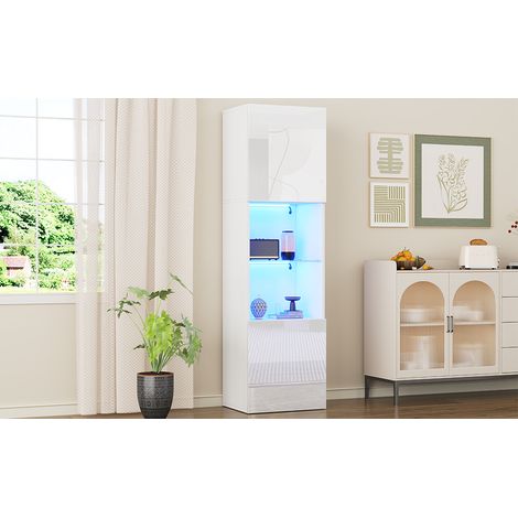 Vitrine en verre blanc de haute brillance, équipée d’éclairage LED. dimensions : 45×35×160 cm. Vitrines indépendantes. Meuble de rangement de grande taille.