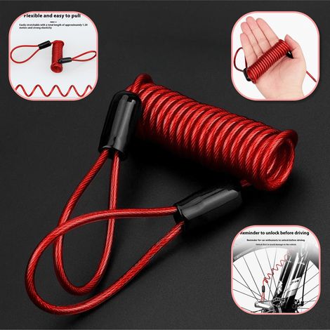 Câble de verrouillage, disque de verrouillage pour moto, anti-vol en PVC, serrure de frein à disque pour moto et vélo, câble en spirale rappel, corde d'avertissement, rouge (1/4)