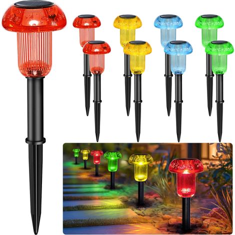 Lumières Solaires Extérieures 8PCS Lampes Jardin Etanche Lampe Sans Fil LED Imperméables Champignon 3 Couleurs Solaire Extérieur Pour Chemins Pelouse Terrasse Automatique (ROUGE VERT JAUNE) (1/5)