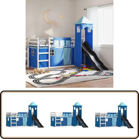 Lit superposé sans matelas avec toboggan et rideaux 90x190 cm - Lit Superpose - Lit Enfant - Lit Avec Toboggan - Meubles Enfant - Chambres D'enfants