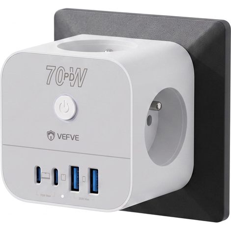 Chargeur Rapide USB C 70W, Prise Multiprise Cube 7-en-1 avec Interrupteur, Technologie GaN III, Compatible Ordinateurs Portables, Tablettes et Smartphones (1/5)