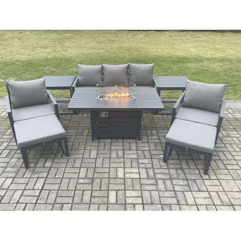 Fimous Aluminium Patio Outdoor Garden Furniture Lounge Sofa Set Gas Fire Pit Dining Table with 2 Side Tables 2 Big Footstools Dark Grey (1/5)