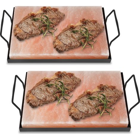 Jiubiaz Set de 2 piedras de sal del Himalaya con soporte 30 x 20 x 3 cm Placa para barbacoa y horno Salmón Servir Cristal