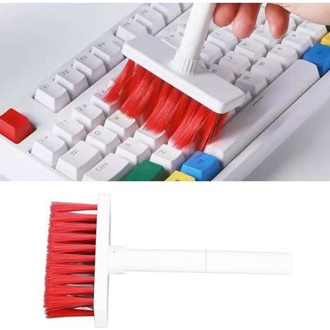 BelleRise – Tastaturreinigungsbürste – 5-in-1 Doppelkopf, Samtschwamm-Staubwedel, Tastenabzieher, Weiß/Rot (1/5)