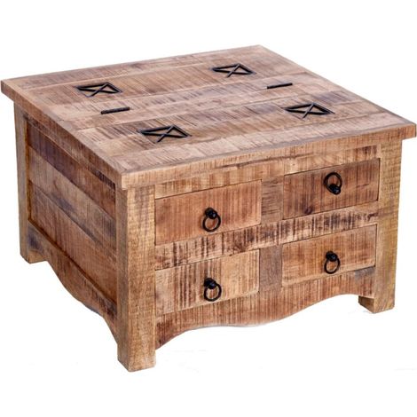 Quadratischer Couchtisch LODEN 70 cm aus massivem Mangoholz mit Truhe und 4 Schubladen – Industriestil