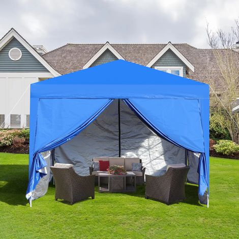 Tonnelle pliante 3x3 m imperméable protection UV 50+ avec 4 panneaux latéraux et 4 sacs de sable, structure acier bleue