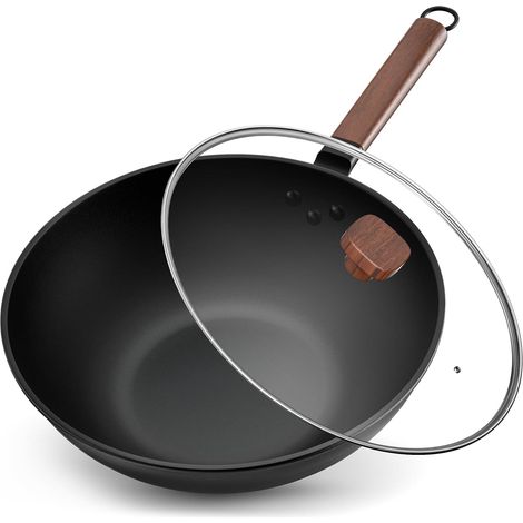 33cm/5.6L Carbon Steel Wok with Lid - No Chemical Coating - Cooking Asian Dishes for 4-6 People - Suitable for Induction/Electric/Gas