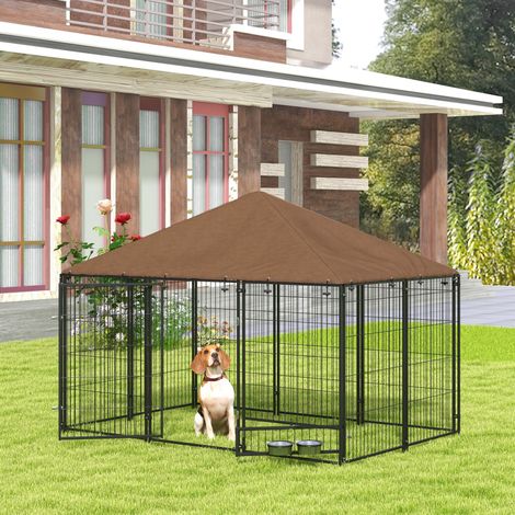 Parc pour chien en métal et tissu Oxford avec porte pour gamelle. 211 x 141 x 151 cm. Noir et marron.