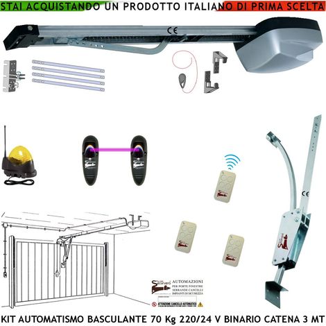 Cler Basculante 70 Kg Kit Automazione Motore 220/24 V da Soffitto Faro Antenna 3 Radiocomandi Fotocellule Archetto Oscillante Binario Alluminio Catena Acciaio 3 MT Sblocco Sul Pattino Luce di Cortesia (1/4)