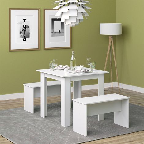 Esstisch Set Sentio, Weiß, 80 x 80 cm mit 2 Bänken, Vicco