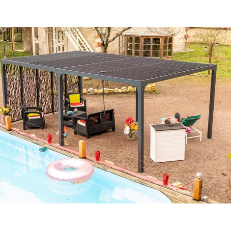 Habrita – Pergola bioclimatique aluminium XXL – 5 panneaux moucharabieh – Surface 21,52 m² – L 360 x L 598 x H 235 cm – Hauteur passage 2,19 m (1/5)