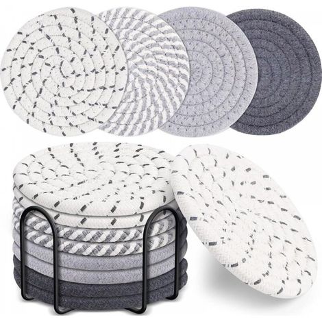 Lot de 8 dessous de verre absorbants, tressés à la main avec support, pour table basse, super absorbants, résistants à la chaleur, idéal comme cadeau de pendaison de crémaillère, décoration (1/5)