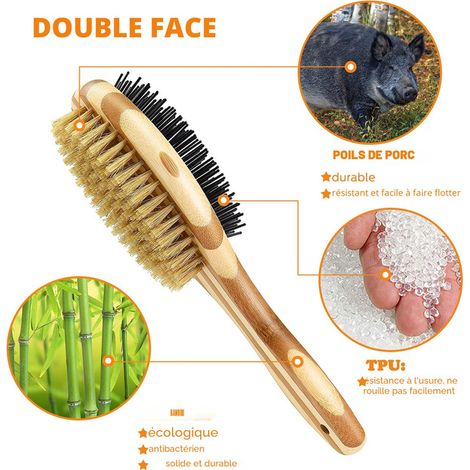 Brosse Chien et Chat Double Face - Peigne de Toilettage en Bambou Naturel avec Poils de Sanglier et Épingles pour Démêler, Nettoyer et Masser le Pelage des Animaux (1/5)