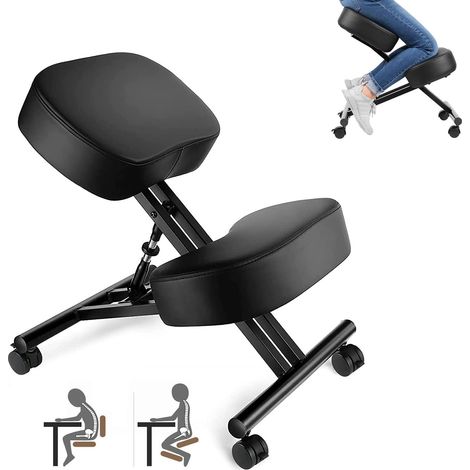Chaise à Genoux de Bureau Ergonomique, Tabouret Genoux pour la Maison et Le Bureau, Chaise pour Ordinateur avec roulettes, Réglable Hauteur, Structure de Métal, Faux Cuir, Rembourrée (1/5)