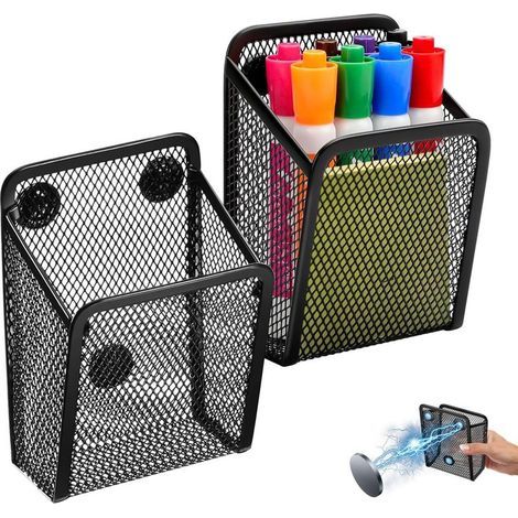 Set mit 2 magnetischen Stifthaltern, schwarzen Aufbewahrungskörben aus Metallgewebe, Organizer aus Netzgewebe für Kühlschrank, Bürobedarf, Spindzubehör (1/5)