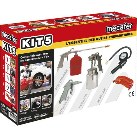 Mecafer – Kit accessoires pneumatiques 5 pièces – Pistolet de peinture 1 litre – Tuyau nylon 5m spiralé – Soufflette bec court – Poignée de gonflage