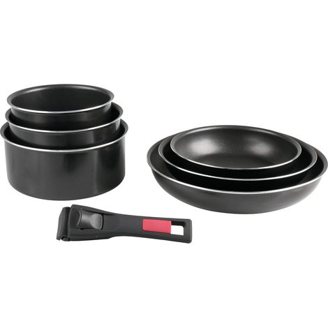 Batterie de cuisine 7 pièces : 3 casseroles + 3 poêles + 1 poignée amovible - Aluminium pressé - Tous feux dont induction, Noir (1/5)