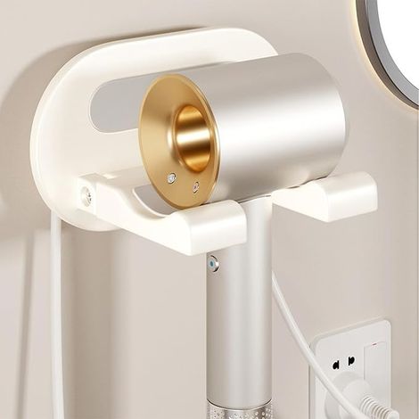 Support Seche Cheveux Aluminium Aéronautique, Porte Seche Cheveux Mural sans Percage, Titulaires de Sèche-Cheveux Adhesif, Support de Sèche-Cheveux pour Salle de Bain, Toilettes, Hôtel (Blanc) (1/5)