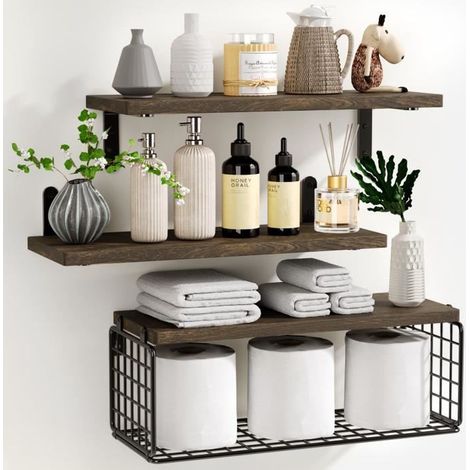 Lot de 3 étagères murales flottantes bois et métal, style industriel, 40 cm, marron foncé, rangement décoration salon cuisine salle de bain (1/4)